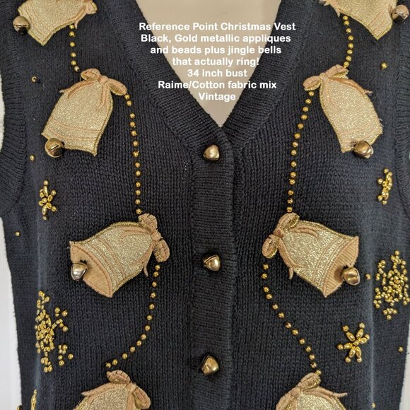 Reference Point Christmas Vest, Black, Gold appliques & beads, Jingling bells! - Picture 7 of 15